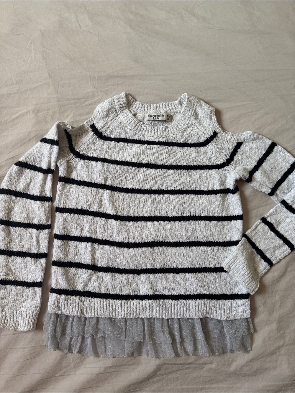 abercrombie kids White & Dark Blue Striped Cold-Shoulder Sweater with Tulle Hem